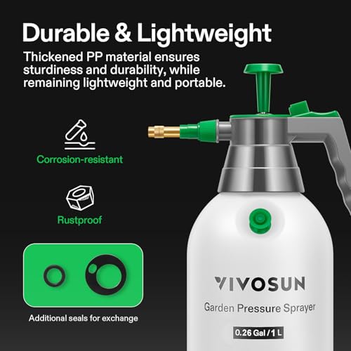 VIVOSUN Handheld Garden Sprayer, 1L Pump Sprayer, 34oz Water Spray Bottle with Safety Valve, Adjustable Nozzle, Extended Spray Rod & Additional Seals, Ideal for Watering, Fertilizing, Cleaning - size: 34 ounce