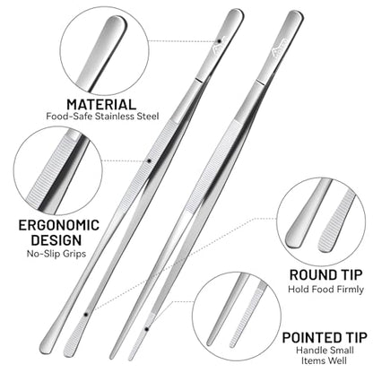 HOTEC Kitchen Tweezers Tongs Stainless Steel Professional Chef Tweezers, Set of 2-12inch Extra-Long Food Tongs for Cooking,Grill and Baking - color: Silver, size: 2PCS: 12 Inch