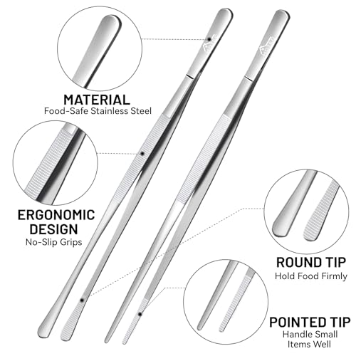 HOTEC Kitchen Tweezers Tongs Stainless Steel, Set of 4-10" and 12inch Extra-Long Food Tweezers Fine Kitchen Tongs for Cooking,Grill and Baking - color: Silver, size: 4PCS: 12 & 10 Inch