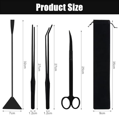 Aquascaping Tools Aquarium Kit – 4PCS Plant Trimming Tool Set with Long Tweezers, Scissors, Algae Scraper Spatula & Feeding Tongs, Fish Tank & Terrarium Cleaning Accessories
