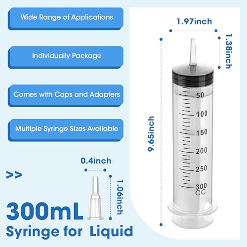 300mL Plastic Syringe for Liquid - 3 Pack Large Syringes with Adapter for Scientific Labs, Feeding, Oil Filling, Individually Wrapped - style: 300mL