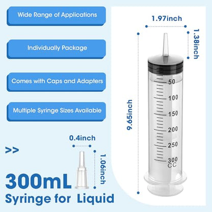 300mL Plastic Syringe for Liquid - 3 Pack Large Syringes with Adapter for Scientific Labs, Feeding, Oil Filling, Individually Wrapped - style: 300mL