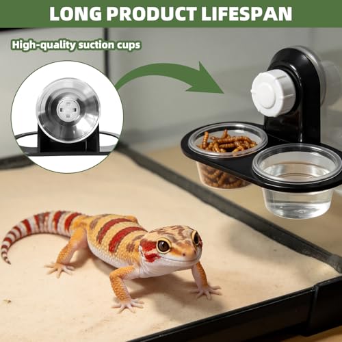 Black Gecko Feeding Ledge with 100 PCS 0.7 oz Disposable Plastic Cups and 1 Tweezer, Detachable Suction Cup Reptile Food Water Feeding Station for Crested Gecko, Lizard, Small Reptiles and Amphibians