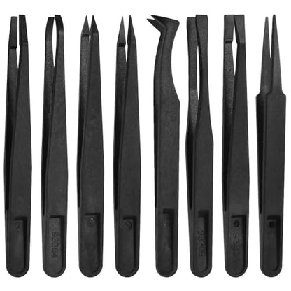MMOBIEL 16-Piece Anti-Static Plastic Precision Tweezers Set, Tweezers with Pointed Flat Tip/Curved Tips, Tweezers for Electronics, Jewellery Making, Laboratory Work, Black - size: 16x