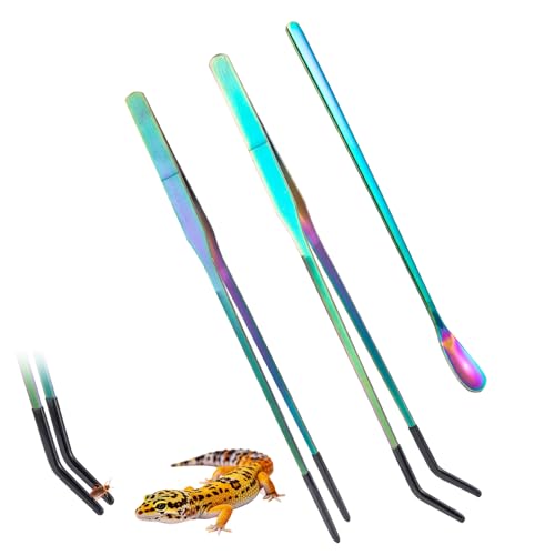 Reptile Feeding Tongs with Protective Rubber Tip, Rainbow Color Stainless Steel 10.6" Straight and Curved Tweezers with Spoon 3Pack Long Handle Crickets Worms Feeder for Gecko Snakes Bearded Dragon