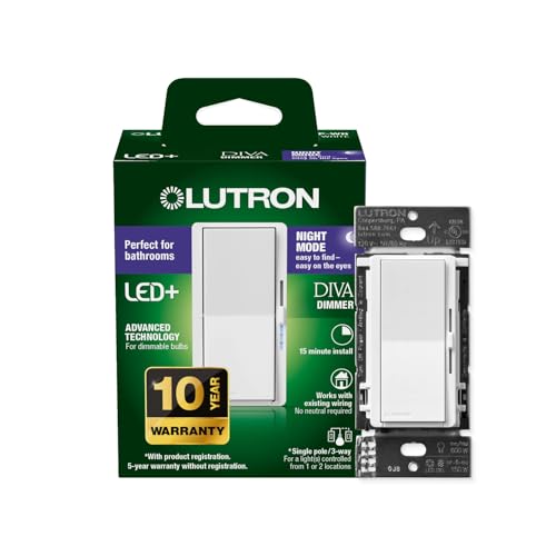 Lutron Diva LED+ Dimmer Switch with Night Mode for Bathrooms, Paddle Dimmer Switch for Dimmable LED Bulbs, UL Listed, Single-Pole/3-Way, No Neutral Wire Required, White (DVCLN-153PG-WH) - color: White, size: 1 Pack, style: Diva Night Mode Dimmer