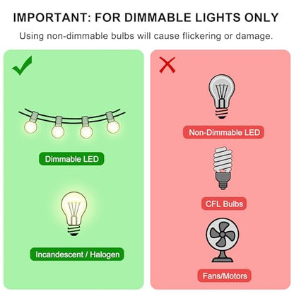 Outdoor Dimmer for String Lights, Plug-in 350W Timer & Remote | IP65 waterproof LED light dimmer switch. 100FT RF remote control works through walls. Perfect for patio & backyard bulbs