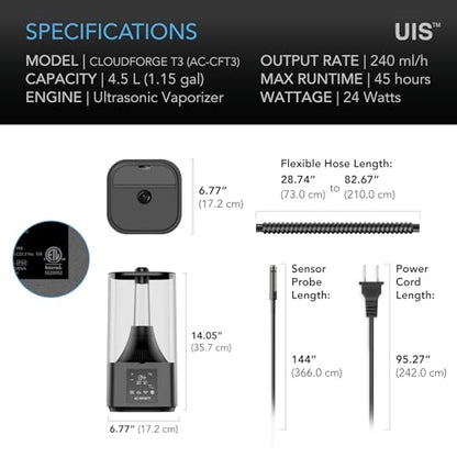 AC Infinity CLOUDFORGE T3, Plant Humidifier 4.5L with VPD Humidity Controls, 10-Level Precision Vaporizer, Extendable Targeting Hose and No-Leak Seal for Grow Tents (Pack of 2) - size: 4.5 L (Pack of 2)
