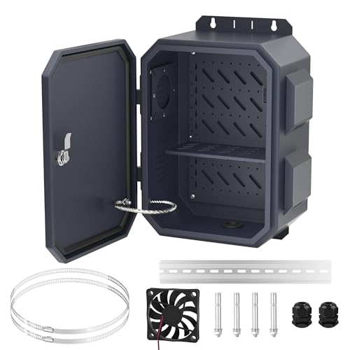Joinfworld Outdoor Electrical Box, Electrical Enclosure Box with 12V Fan Metal Waterproof IP65 Junction Vented Enclosure Weatherproof with Cold-Rolled Steel Plate Din Rail Cable Gland 15.7"x11.8"x7.9" - size: 15.7"x11.8"x7.9"