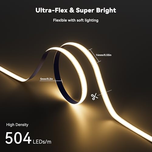 PAUTIX 5mm COB LED Strip Light 16.4ft/5m 3000K Warm White 504 LEDs/m,DC24V Flexible LED Tape for Cabinet Home DIY Lighting Projects(Power Supply&Controller Not Included) - size: 3000K/16.4ft(5mm width)