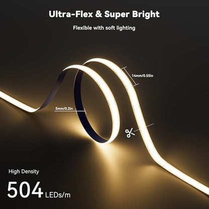 PAUTIX 5mm COB LED Strip Light 16.4ft/5m 3000K Warm White 504 LEDs/m,DC24V Flexible LED Tape for Cabinet Home DIY Lighting Projects(Power Supply&Controller Not Included) - size: 3000K/16.4ft(5mm width)
