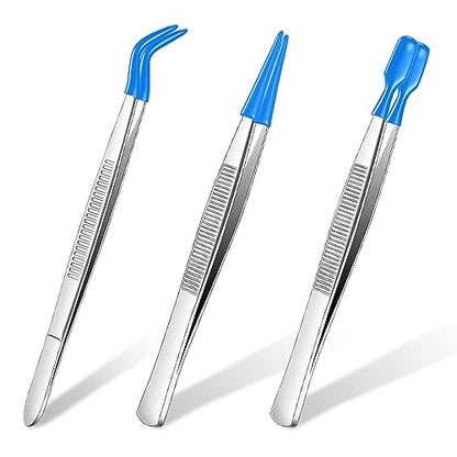 Honoson 3 Pieces Rubber Tipped Tweezers for Crafting Set - PVC Coated Flat, Straight & Bent Tips Stamps, Beads, Jewelry(Blue) - color: Blue