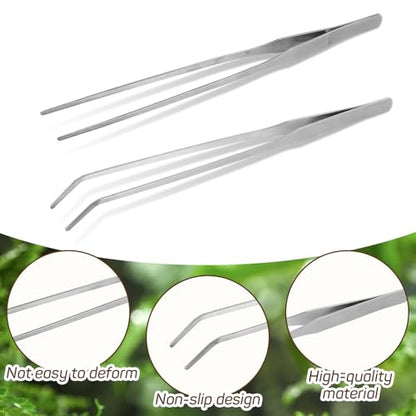 2Pcs Reptile Feeding Tongs with Rubber Tip, 10.6 Inch Stainless Steel Straight and Curved Extra Long Tweezers for Aquarium, Snakes, Turtles, Salamanders, Lizards Feeding (2 pcs)