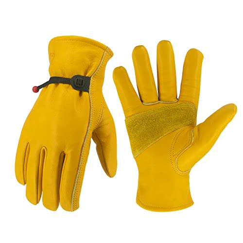 Leather Work Gloves for Men & Women, Reinforced Durable Gardening Gloves,Cowhide Work Gloves,Puncture & Cut Resistant - color: Golden With Buckle, size: Large