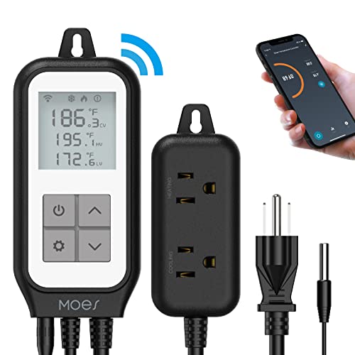 MOES Smart WiFi Cooling Heating Thermostat Outlet, Tuya Digital Temperature Controller Sensor Plug for Reptile Fermenter Brewing Breeding Heat Mat, Smart Life Remote Control, -22-221℉,10A 1250W