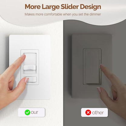 MOES Dimmer Light Switches 2pcs, 3 Way & Single Pole Dimmable Switch for LED,CFL,Incandescent,Halogen, 600Watt Max, ON/Off Switch with Dimming Slide, No Neutral Wire Required - color: White, size: 2 Pack No Cover