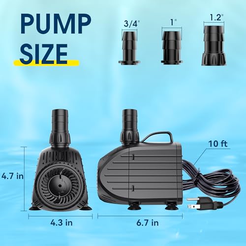NFESOLAR Ultra Quiet Submersible Water Pump 1200GPH Size 6.7Lx4.3Wx4.7H in | 100W Pond Pump with Dry Burning Protection, 10ft Cord, 11ft High Lift for Fountains, Waterfall, Hydroponics, Aquariums KF208 - size: 1200GPH