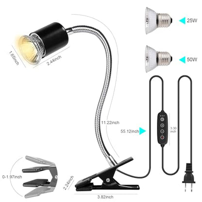 Reptile Heat Lamp Turtle Light - Long Lasting Ceramic Socket Basking Lamp with Auto Timer & Dimmer, 2 E27 Bulbs (25W & 50W) with UVB Support & Test Card for Turtles, Tortoises, Bearded Dragons, Geckos