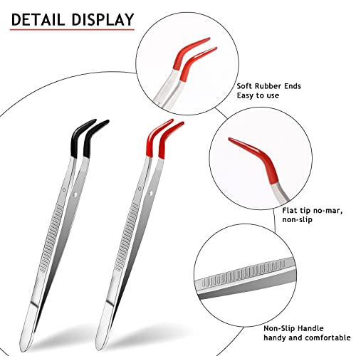 2 PCS Craft Tweezers with Rubber Tips, Metal Sticker Tweezers Soft PVC Coated Curved Angled Tweezers Anti-Satic Non-slip Industrial Clip Tong Tools for Lab Jewelry Making,DIY Crafting, Stamp,Coins