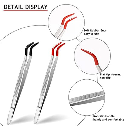 2 PCS Craft Tweezers with Rubber Tips, Metal Sticker Tweezers Soft PVC Coated Curved Angled Tweezers Anti-Satic Non-slip Industrial Clip Tong Tools for Lab Jewelry Making,DIY Crafting, Stamp,Coins