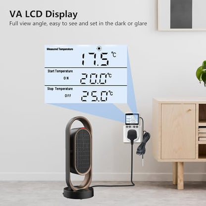 KT3100BL Digital Temperature Controller Outlet Socket VA LCD Display Plug in Thermostat 15A 120V Output with Blue Backlight 3m Temperature Sensor - style: KT3100BL Blue backlight