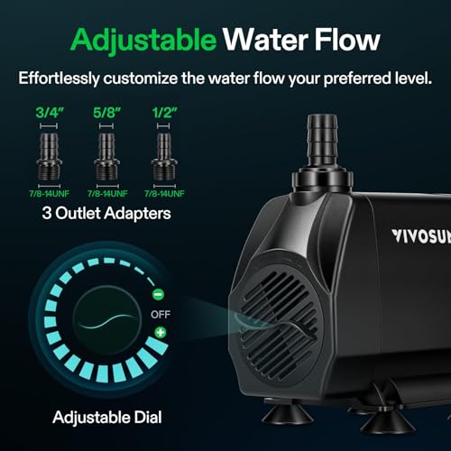 VIVOSUN 1050 GPH 100W Submersible Water Pump, Quiet Fountain Pump With 13.1 ft Head Lift, 6.6 ft Power Cord, 3 Nozzles, Tubing, & 2 Clamps, For Fish Tank, Pond, Aquarium, Hydroponics - size: 8"×6"-1050