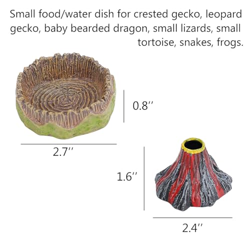 Small Reptile Feeding Dish 2Pack Gecko Food Water Dispenser Worm Bowl with Resin Volcano Decor for Terrarium Leopard Crested Gecko Juvenile Bearded Dragon Lizards Cricket Dubia Feeder