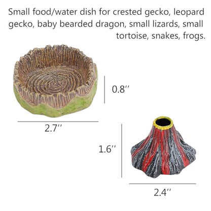 Small Reptile Feeding Dish 2Pack Gecko Food Water Dispenser Worm Bowl with Resin Volcano Decor for Terrarium Leopard Crested Gecko Juvenile Bearded Dragon Lizards Cricket Dubia Feeder