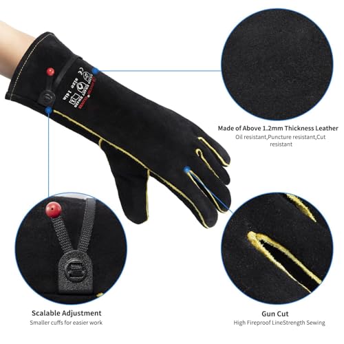 932℉ Heat Resistant Leather Welding Gloves for Men & Women – Long Sleeve Fireproof Gloves for TIG/MIG/Stick Welding, Blacksmithing, BBQ, Fireplace, Woodworking, Metalwork, Animal Handling -14 inch - size: Small