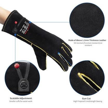 932℉ Heat Resistant Leather Welding Gloves for Men & Women – Long Sleeve Fireproof Gloves for TIG/MIG/Stick Welding, Blacksmithing, BBQ, Fireplace, Woodworking, Metalwork, Animal Handling -14 inch - size: Medium