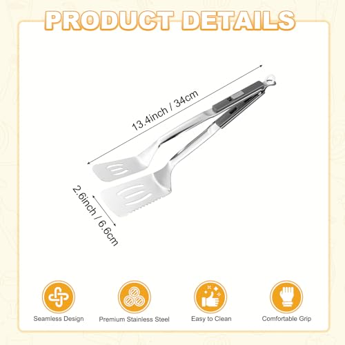 M METERXITY Spatula Tongs, 13.4 Inch 304 Stainless Steel Anti-Scald Extended Serrated Multifunctional Flipper Grill Clamp for Cooking/Barbecue, Kitchen Cooking Tong [Gray Handle, Silver Tone] - color: Gray Handle, Silver Tone