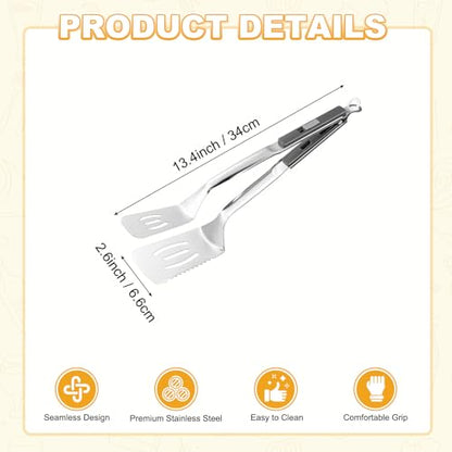 M METERXITY Spatula Tongs, 13.4 Inch 304 Stainless Steel Anti-Scald Extended Serrated Multifunctional Flipper Grill Clamp for Cooking/Barbecue, Kitchen Cooking Tong [Gray Handle, Silver Tone] - color: Gray Handle, Silver Tone