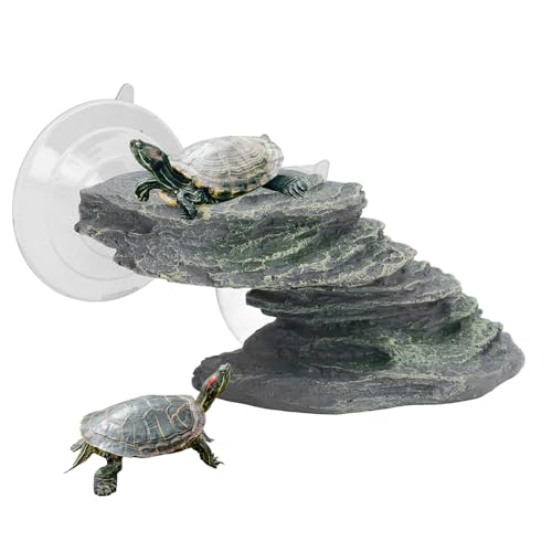 Turtle Basking Platform with Suction Cup, Resin Baby Tortoise Climbing Ramp Rock for Aquarium, Resting Terrace Stone Reptile Dock Ornament for Terrapin Lizard Frogs Newts Tank