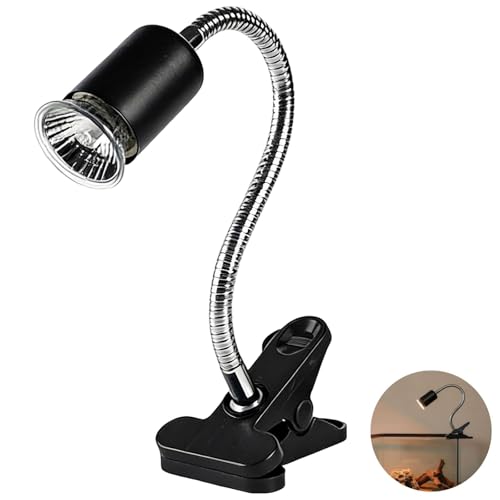 Reptile Heat Lamp, Black, with 13.8 in Flexible Gooseneck, Timed Dimming Switch, US Connector, Sturdy Plastic Clip, for Lizards, Tortoises, and Other Terrarium Animals