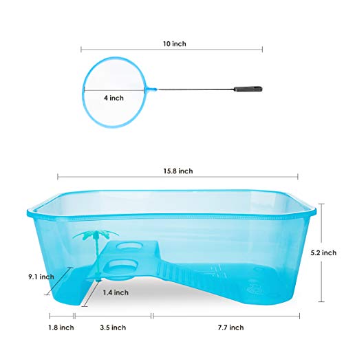 Turtle Tank with Multi-Function Areas, Easy Assembly, Ideal for Small Turtles & Reptiles, Includes Plastic Tree & Fishing Net - color: Blue
