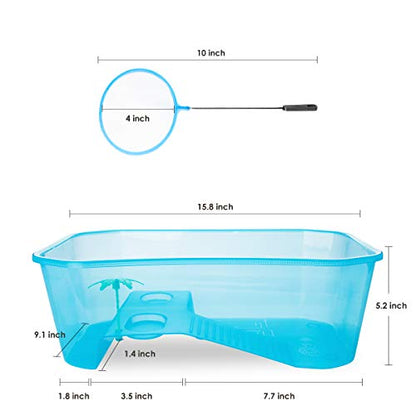Turtle Tank with Multi-Function Areas, Easy Assembly, Ideal for Small Turtles & Reptiles, Includes Plastic Tree & Fishing Net - color: Blue