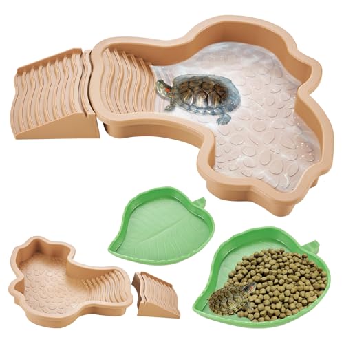 3PCS Tortoise Bathing Pool with Ramp, Brownish | Tortoise Water Dish, Leaf Reptile Food Dish, Basking Platform Reptile Water Pool for Turtle Lizard Gecko Frog Amphibians - color: Brownish Yellow