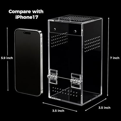 Jumping Spider Enclosure, Escape-Proof Transparent Acrylic Habitat with Magnetic Door, All-Side Ventilation Arboreal Tarantula Crib, Clear Reptile Tank for Praying Mantis & Insects, 3.5x3.5x7 in