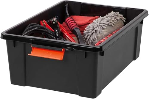 IRIS USA 4 Pack 12 Gallon Lockable Storage Bins, Heavy Duty Stackable Containers with Lids for Garage Organization or Moving, Black/Orange - size: Size_12 Gal - 4 Pack