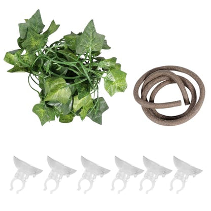 VILLCASE 8pcs Bendable Artificial Rattan Vine with Suction Cups and Long Leaf Strips, 10mm Thick Climbing Jungle Vines for Reptile Enclosure Decoration, Pet Box Decoration for Lizards,