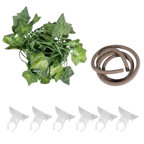 VILLCASE 8pcs Bendable Artificial Rattan Vine with Suction Cups and Long Leaf Strips, 10mm Thick Climbing Jungle Vines for Reptile Enclosure Decoration, Pet Box Decoration for Lizards,