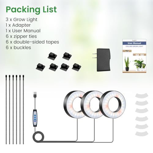 Wiaxulay Grow Lights for Indoor Plants, 144 LEDs Full Spectrum LED Plant Grow Light, 5V/3A Under Cabinet Grow Lamp with Auto Timer 6/12/16 Hrs, 3 Lighting Mode, 5 Brightness Levels, Tri Head (3.5in) - size: 3.5in-Three Head