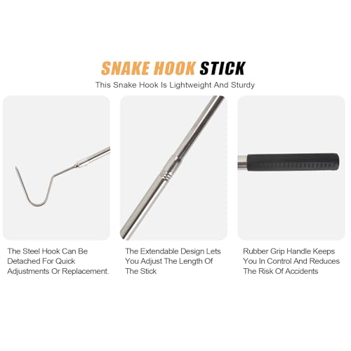 Snake Hook, Stainless Steel Extensible snake grabber tool, 33 inch Sturdy snake Catcher Handling Stick Trap Tool Tong for Herpetologists, Wildlife control personnel, Wranglers, Removal Experts