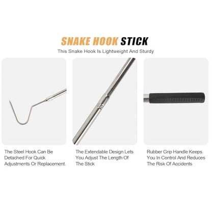 Snake Hook, Stainless Steel Extensible snake grabber tool, 33 inch Sturdy snake Catcher Handling Stick Trap Tool Tong for Herpetologists, Wildlife control personnel, Wranglers, Removal Experts