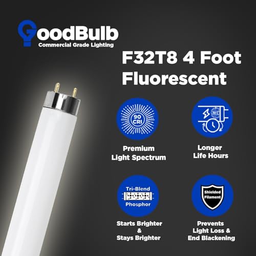 GoodBulb 32-Watt 48 Inch T8 Fluorescent Light Bulb 5000K Daylight White Light Color Medium Bi-Pin Base 3050 Lumens 86 CRI 24000 Life Hours Instant/Programmed Start (Pack of 25 Bulbs) - color: 5000k