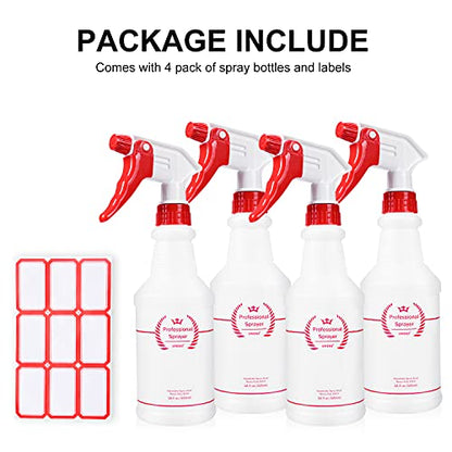 Uineko Plastic Spray Bottle (4 Pack, 16 Oz, All-Purpose) Heavy Duty Spraying Bottles Leak Proof Mist Empty Water Bottle for Cleaning Solution Planting Pet with Adjustable Nozzle and Measurements - size: 16 Oz, 4 Pack