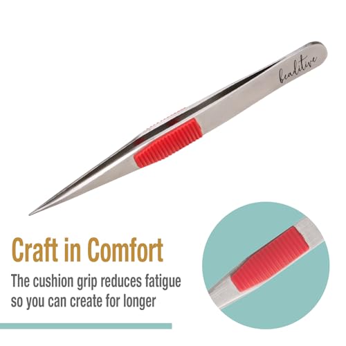 Beaditive High Precision Heavy-Duty Tweezers With Cushion - 4.7" Craft Tweezers for Sewing, Beading & DIY Crafts - Non-Serrated, Fine Point Tips - Stainless Steel Needle Nose Hobby Tweezers (Fuchsia) - color: Fuchsia
