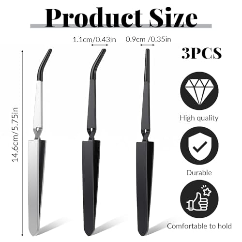 3 Pack Reverse Tweezers, ESD Safe Cross-Locking Tweezers Set | stainless steel reverse tweezers with non-slip rubber tips.Ideal for electronics repair, jewelry making, crafts, soldering