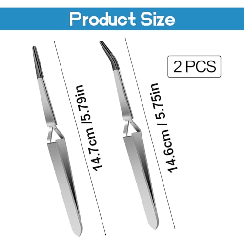Reverse Tweezers for Crafting, 2 Piece Rubber Tipped Tweezers Stainless Steel Cross Locking Tweezer Precision Straight Flat Tip Long Bent Tweezer Pvc Coated for Crafts Stamps Beads Jewelry Electronics