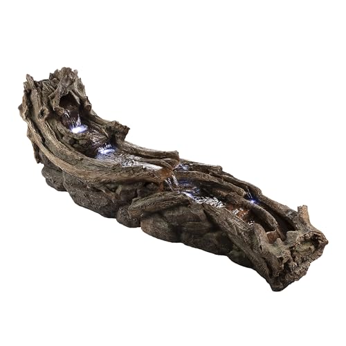 Alpine Corporation 80" Long Indoor/Outdoor Wood River Log Water Fountain with LED Lights, Cascading Natural Water Feature for Gardens, Patios, Yards, and Outdoor Decor, Brown and Gray - style: 80' L - River Stream w/ LED's